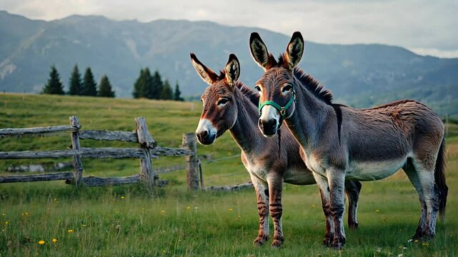 Two donkeys by rustic fence in meadow with mountains and clear sky