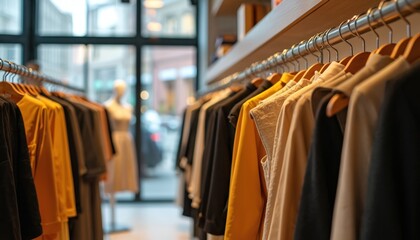 Stylish female clothes on rack in boutique. Variety of colors yellow beige black. Apparel in shop for sale. Fashion design clothing collection. Shopping retail store.