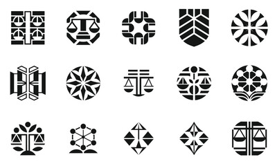 An array of black and white abstract logos representing justice, community, and balance, creating a modern and minimalist aesthetic.