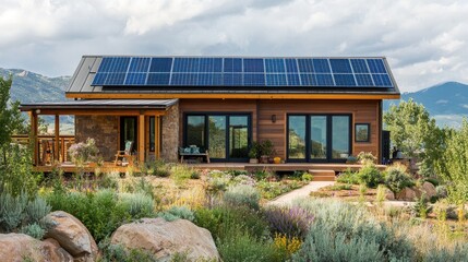 Modern Sustainable Home with Solar Panels and Beautiful Landscape in the Mountains