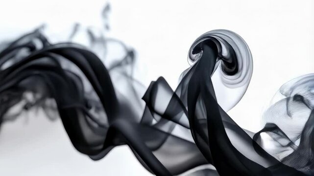 Elegant black smoke swirling, rising gracefully on a white background, creating a mesmerizing abstract pattern with flowing delicate curves