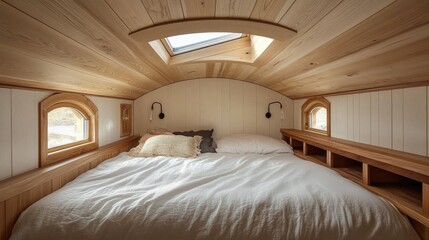 Cozy and Inviting Tiny Bedroom with Wooden Ceiling and Skylight in Minimalist Design