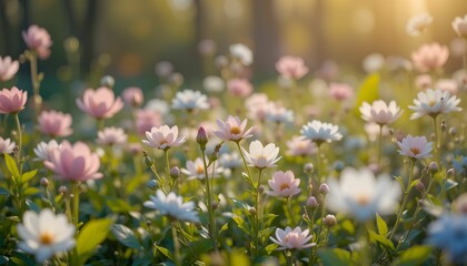 wiosna, kwiaty, kwitnące kwiaty, ogród, pastelowe kolory, różowy, zielony, jasnoniebieski, świeże liście, delikatne kwiaty, natura, fotografia lifestyle, portret, obiektyw 85mm, przysłona f2.8, ISO 10