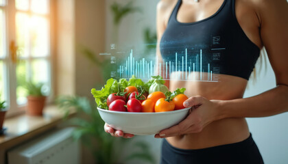 Woman activewear holding bowl fresh vegetables surrounded by health data graphs in digital hologram. Diet infographic, metabolism visualization, fat burning. Healthy eating concept. Wellness