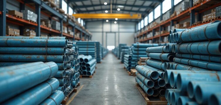 Warehouse storage with stacks of blue steel pipes. Industrial building interior with shelves. Rows of pipes in commercial storage facility. Construction material supply, logistic and cargo.