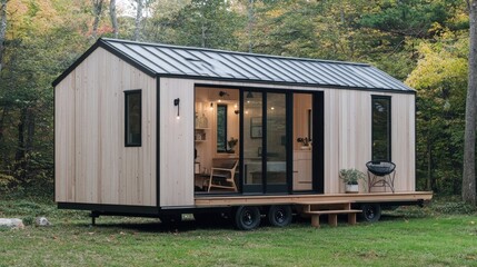 Modern tiny house with wooden exterior, large windows, and outdoor deck in serene forest setting