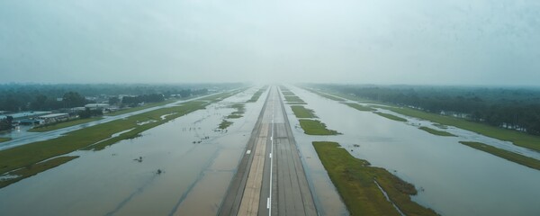 Aerial view of flooded airport. Runways covered water after heavy rainfall. Flooding impacting aviation infrastructure. Climate change impacts, environmental damage, natural disaster.