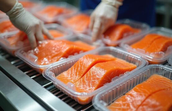 Fresh salmon fillets in plastic trays ready for packaging. Hands in gloves handling raw fish in food factory. Seafood production process, quality control.