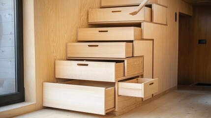 Innovative Wooden Storage Solution with Drawers Integrated into Stairs for Modern Home Organization