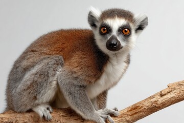 Obraz premium Ring tailed lemur portrait on branch against white background