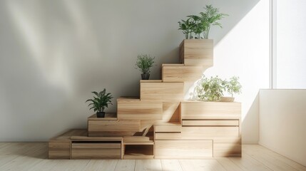 Stylish and Modern Wooden Staircase with Potted Plants Bringing Natural Elegance to Indoor Living Space