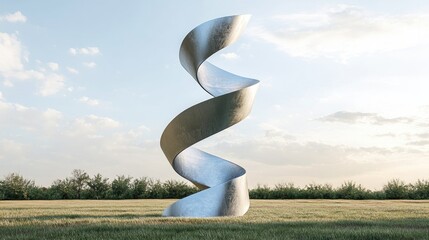Modern Spiral Sculpture Surrounded by Greenery Under a Blue Sky with Soft Clouds in a Serene Outdoor Setting