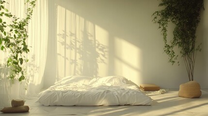 Natural Light and Greenery in a Minimalist Bedroom with Soft Bedding and Cozy Decor Elements