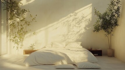 Serene Minimalist Bedroom with Natural Light and Indoor Plants for Relaxation and Comfort