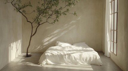 Minimalist bedroom interior featuring a cozy bed, natural light, and a unique indoor tree design in a serene atmosphere