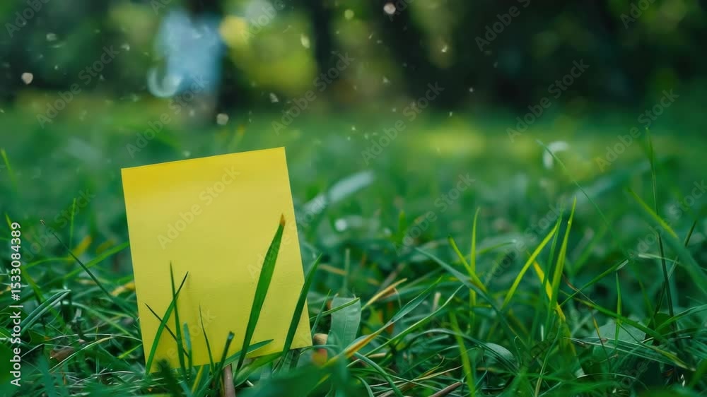 Aufkleber A simple and isolated scene of a yellow paper lying on green grass, perfect for using as a background or adding to other compositions