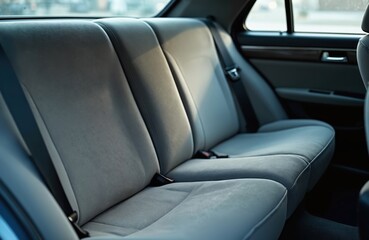 Rear seats with velours fabric upholstery inside old Korean car interior. Gray comfortable seats. Car auto service. Clean, empty, modern. Passenger transportation.