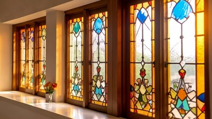 Stained glass windows with wooden frames and colorful geometric patterns catching warm sunlight inside a vintage style building - Powered by Adobe