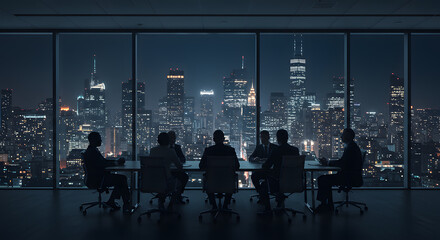 Plakat Silhouetted business team discussing strategy in modern conference room with city skyline view at night