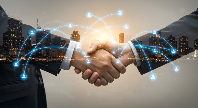 Business handshake representing partnership and connection over a futuristic cityscape backdrop