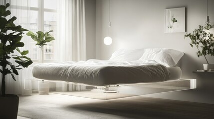 Modern Minimalist Bedroom Design with Floating Bed and Natural Light in Bright Interior Space