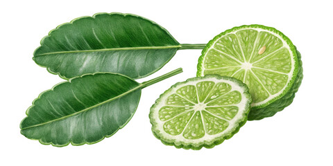 Hand-Drawn Kaffir Lime with Leaves, Isolated on Transparent Background, Botanical Illustration, Citrus Fruit, Kaffir Lime, Botanical, Illustration