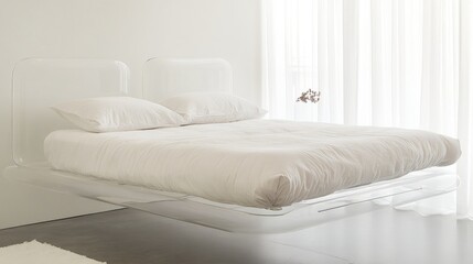 Modern Minimalist Floating Bed Design in Bright and Airy Bedroom Space with Soft White Bedding and Sheer Curtains