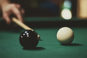 A person is playing pool, holding the white ball in one hand and rolling it towards another black sphere placed in front of them on a green felt cloth Generative AI