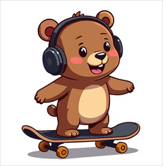 Vector fashion design for children t-shirt. 
Cute brown teddy bear on skateboard
with headphones isolated on transparent background.  Cartoon print for fabric, clothing for boy and girl.
