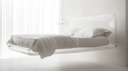 Floating Bed Design with Minimalist White Bedding and Soft Textures in Modern Interior Setting