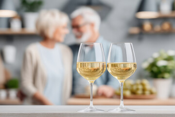 Obraz premium Couples enjoy white wine together in a cozy kitchen setting with blurred background