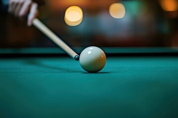 A person playing pool, aiming at the white ball with their cue stick on a green table Generative AI