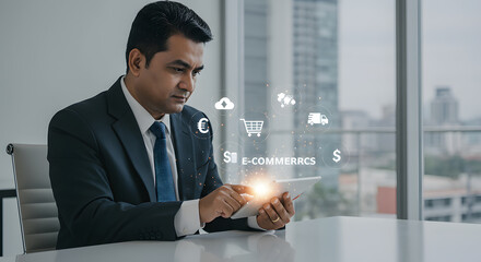 Businessman using tablet with e-commerce icons representing online shopping and global transactions