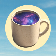 Galaxy Coffee Mug Collage, Colorful Modern Artwork with Cosmic Swirls, Magazine Cut-Out, Beige Circle & Blue Sky Background, Creative
