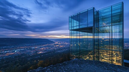 Modern Glass Building Overlooking City Landscape at Twilight With Scenic Mountain Views and Urban Lights Gleaming Below