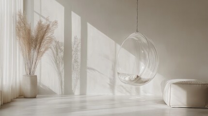 Serene Indoor Space with Stylish Hanging Chair and Soft Natural Light Filtering Through Large Windows
