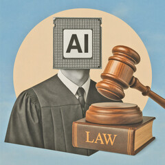 AI Justice System Concept, Modern Digital Collage Art with CPU Judge, Wooden Gavel & Law Book, Futuristic Legal Tech Illustration