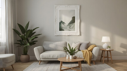Fototapeta premium Cozy Scandinavian living room corner with warm light