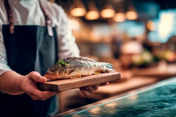 A chef presents a beautifully cooked fish on a wooden platter in a busy restaurant kitchen. The kitchen is filled with warm lighting and lively atmosphere, showcasing culinary creativity