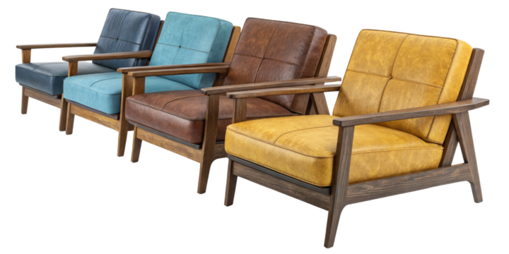 Mid-Century Modern Armchair Set, Leather Upholstery, Isolated on Transparent Background, Armchair, Furniture, Vintage