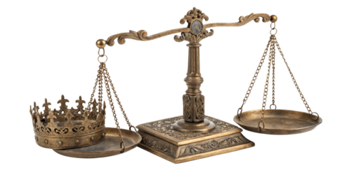 Ornate Brass Scales with Crown, Isolated on Transparent Background, Justice, Royalty, Balance, Justice, Royalty, Balance
