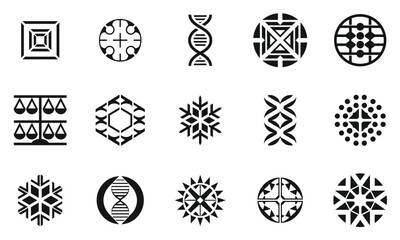 A collection of intricate black and white geometric symbols, showcasing diverse patterns including DNA strands, snowflakes, and abstract designs.