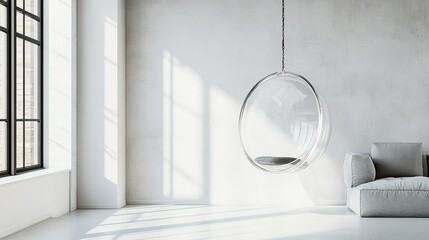 Modern Minimalist Interior with a Transparent Bubble Chair and Soft Gray Sofa in Soft Natural Light
