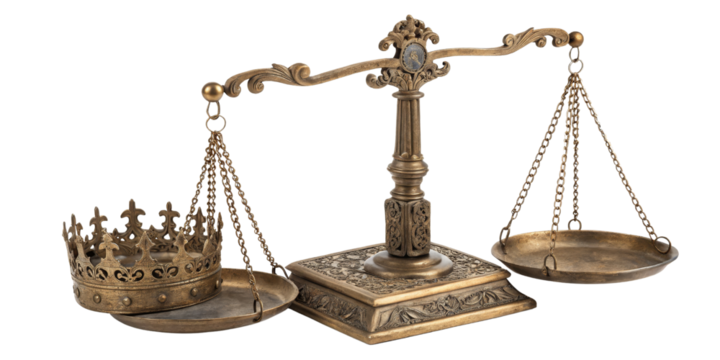 Ornate Brass Scales with Crown, Isolated on Transparent Background, Justice, Royalty, Balance, Justice, Royalty, Balance