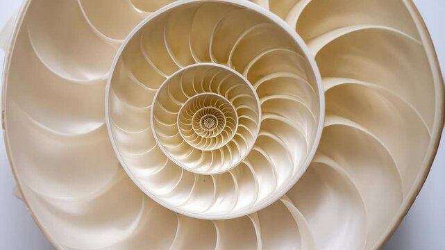 Detailed close-up of a cut nautilus shell revealing its intricate spiral chambers, demonstrating mathematical patterns in nature.
