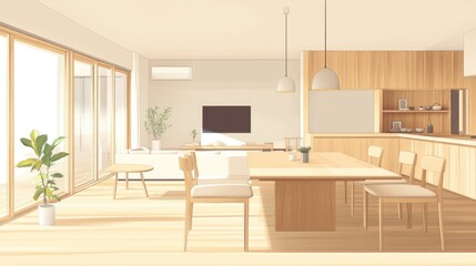 Modern Minimalist Interior Design of a Bright and Airy Open-Concept Living and Dining Space with Natural Wood Finishes