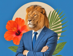 Alpha Male Concept, Lion Head Businessman in Blue Suit, Modern Collage Artwork with Magazine Cut-outs, Flowers & Palm Leaves, Corporate Strength & Power