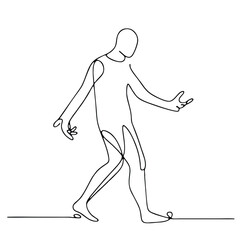 Hesitation &mdash; man in theatrical pose of uncertainty drawn with single continuous line: minimalism conveying emotional tension.