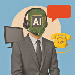 AI Customer Service Revolution, Modern Colorful Collage Artwork Featuring CPU Head, Computer, Telephone & Speech Bubble on Beige Circle, Blue Sky Background
