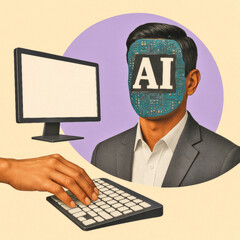 AI Replacing Human Work, Modern Colorful Collage Artwork Featuring Typing Hand, PC Monitor, Indian Man with CPU Head on Lilac Circle, Beige Background